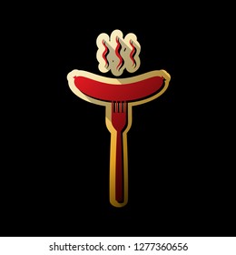 Sausage on fork sign. Vector. Red icon with small black and limitless shadows at golden sticker on black background.