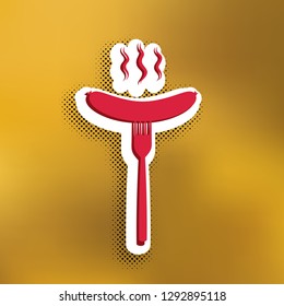 Sausage on fork sign. Vector. Magenta icon with darker shadow, white sticker and black popart shadow on golden background.