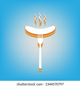 Sausage on fork sign. Vector. White icon with 3d warm-colored gradient body at sky blue background.