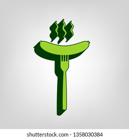 Sausage on fork sign. Vector. Yellow green solid icon with dark green external body at light colored background.