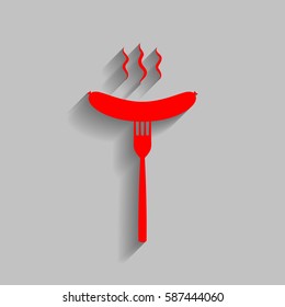 Sausage on fork sign. Vector. Red icon with soft shadow on gray background.
