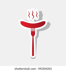 Sausage on fork sign. Vector. New year reddish icon with outside stroke and gray shadow on light gray background.