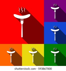 Sausage on fork sign. Vector. Set of icons with flat shadows at red, orange, yellow, green, blue and violet background.