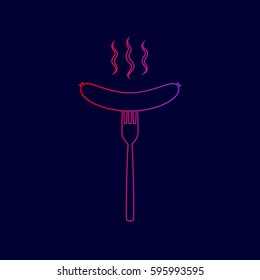 Sausage on fork sign. Vector. Line icon with gradient from red to violet colors on dark blue background.
