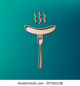 Sausage on fork sign. Vector. Icon printed at 3d on sea color background.