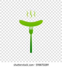 Sausage on fork sign. Vector. Green gradient icon on transparent background.