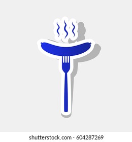 Sausage on fork sign. Vector. New year bluish icon with outside stroke and gray shadow on light gray background.