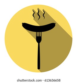 Sausage on fork sign. Vector. Flat black icon with flat shadow on royal yellow circle with white background. Isolated.