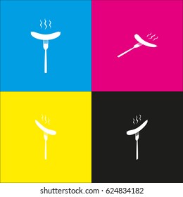 Sausage on fork sign. Vector. White icon with isometric projections on cyan, magenta, yellow and black backgrounds.
