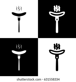 Sausage on fork sign. Vector. Black and white icons and line icon on chess board.