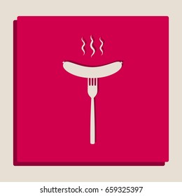 Sausage on fork sign. Vector. Grayscale version of Popart-style icon.