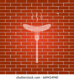 Sausage on fork sign. Vector. Whitish icon on brick wall as background.