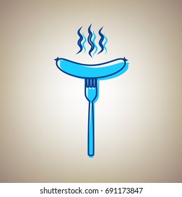 Sausage on fork sign. Vector. Sky blue icon with blue contour on beige background.