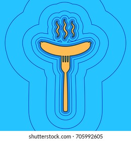 Sausage on fork sign. Vector. Sand color icon with black contour and equidistant blue contours like field at sky blue background. Like waves on map - island in ocean or sea.