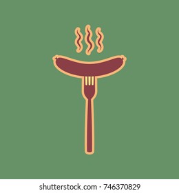 Sausage on fork sign. Vector. Cordovan icon and mellow apricot halo with light khaki filled space at russian green background.