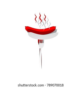 Sausage on fork sign. Vector. Detachable paper icon with red body stock. Isolated.