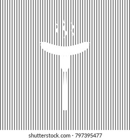 Sausage on fork sign. Vector. White icon on grayish striped background. Optical illusion.