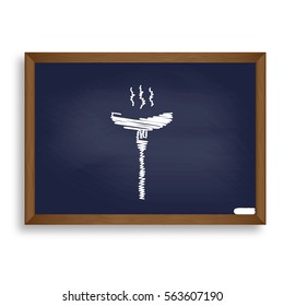Sausage on fork sign. White chalk icon on blue school board with shadow as background. Isolated.