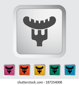Sausage on a fork. Single flat icon on the button. Vector illustration.