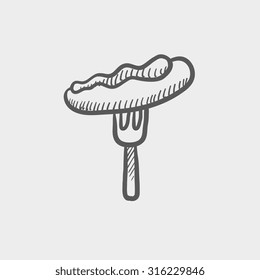 Sausage on the fork sketch icon for web, mobile and infographics. Hand drawn vector dark grey icon isolated on light grey background.