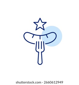 Wurst auf Gabel und Stern. Premium-Grill, Gourmet-Essen. Am besten bewertete Lebensmittel. Pixel perfekt, bearbeitbares Strichvektorsymbol