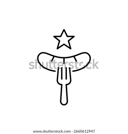 Sausage on fork and star. Premium grill, gourmet dining. Highest-rated food. Pixel perfect, editable stroke vector icon