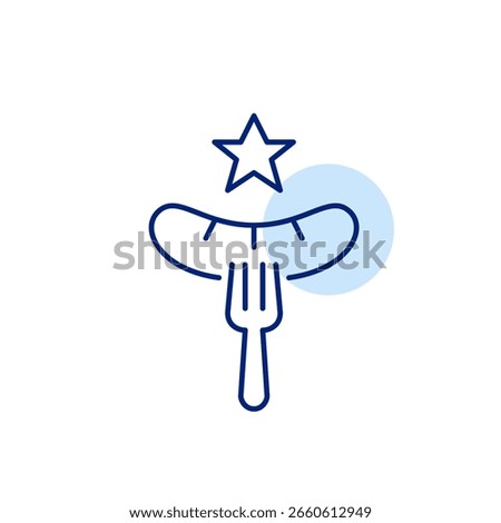 Sausage on fork and star. Premium grill, gourmet dining. Highest-rated food. Pixel perfect, editable stroke vector icon