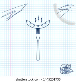 Sausage on the fork with steam line sketch icon isolated on white background. Grilled sausage and aroma sign. Vector Illustration