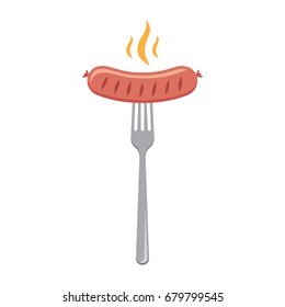 Sausage on the fork with steam. Vector flat illustration