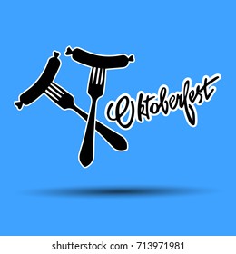 Sausage on the fork with steam. Vector flat illustration
