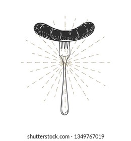 Sausage on a fork with sunbursts. Retro style. Vector illustration.