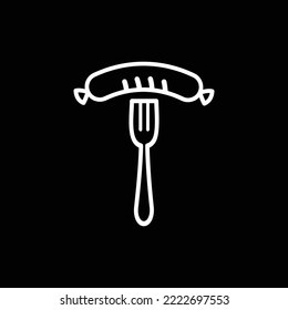 Sausage on fork for tasty appertizer barbecue restaurant logo.
