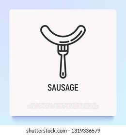 Sausage on fork thin line icon. Fast food. Modern vector illustration for logo.