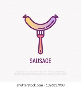 Sausage on fork thin line icon. Fast food. Modern vector illustration for logo.