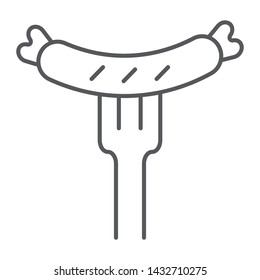 Sausage on fork thin line icon, food and meat, grilled sausage sign, vector graphics, a linear pattern on a white background, eps 10.