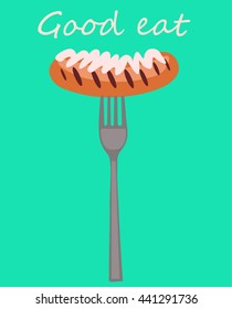 Sausage on a fork on a turquoise background, vector illustration