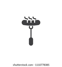 Sausage on fork vector icon. filled flat sign for mobile concept and web design. Grilled sausage simple solid icon. Symbol, logo illustration. Pixel perfect vector graphics