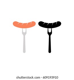 Sausage on the fork vector icon. Set. Color and black illustration.