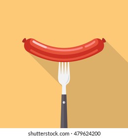 sausage on a fork. Vector illustration flat style with long shadow