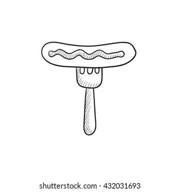 Sausage on fork vector sketch icon isolated on background. Hand drawn Sausage on fork icon. Sausage on fork sketch icon for infographic, website or app.