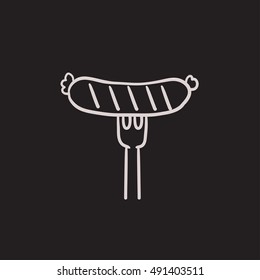 Sausage on fork vector sketch icon isolated on background. Hand drawn Sausage on fork icon. Sausage on fork sketch icon for infographic, website or app.