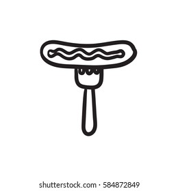 Sausage on fork vector sketch icon isolated on background. Hand drawn Sausage on fork icon. Sausage on fork sketch icon for infographic, website or app.