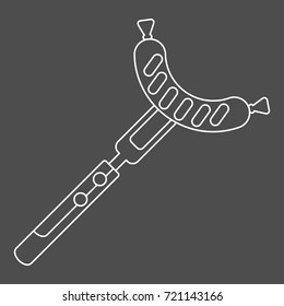 Sausage on fork white lines icon. Flat vector cartoon illustration. Objects isolated on a white background.