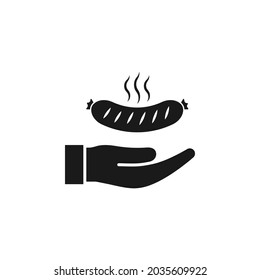 Sausage on hand icon flat style isolated on white background. Vector illustration