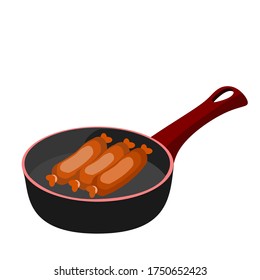 Sausage on a pan with  handle, isolated on white background, vector illustration