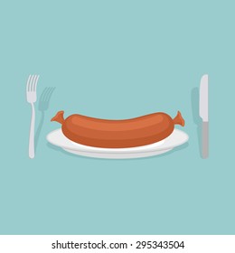 Sausage on a plate. Cutlery: knife and fork. Meat delicacy. Vector illustration food.