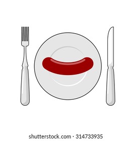 Sausage on plate and cutlery Top view. Fork and knife. Fast healthy breakfast. Vector illustration of food for poor.
