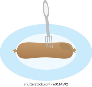 Sausage on a plate with a fork stuck in it