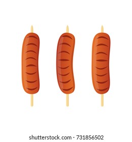 Sausage on skewer, fried meat, barbecue, kebab. Made in cartoon flat style. Vector illustration