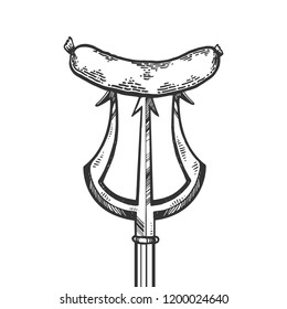 Sausage on trident engraving vector illustration. Scratch board style imitation. Black and white hand drawn image.